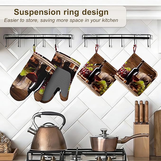 Vintage Glasses Wine Grapes Oven Mitts and Pot Holders Set of 4,Heat Resistant Non Slip Kitchen Gloves Hot Pads,Chef Cooking Baking Gifts for Women Bakers,Kitchen for Cooking Lover Cooks