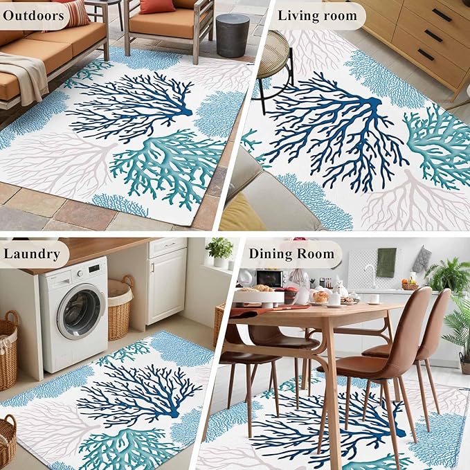 Area Rug 4x6ft, Classic Sea Blue Coral Washable Rugs for Living Room Bedroom, Abstract Marine Life Scenery Soft Non-Slip Area Rugs Rectangle Floor Carpet for Dining Room