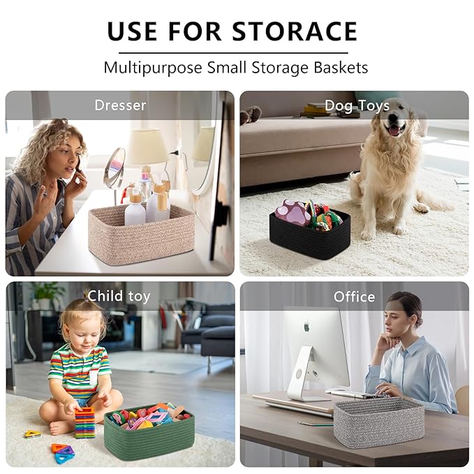 OIASKET 4 Pack Small Storage Shelf Baskets for Organizing, Mini Woven Rope Storage Bins for Towels, Cute Decorative Closet Organizer，Baby Nursery, Gift Empty Baskets -13.78''Lx9.84''Wx5.51''H-Brown
