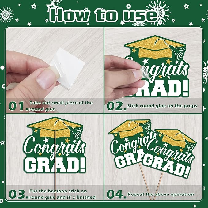 2026 Graduation Party Decorations - 24 Pcs Class of 2026 Congrats Grad Table Centerpieces Graduation Table Decorations Sticks Table Toppers for Graduation Party (Green Gold)