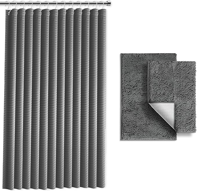 Clara Clark Grey Shower Curtain Set with Rugs - Bathroom Sets with Shower Curtain and Rugs, Fabric Shower Curtains and 2 Bath Mats, Modern Bathroom Shower and Curtain Sets for Tub Or Stall