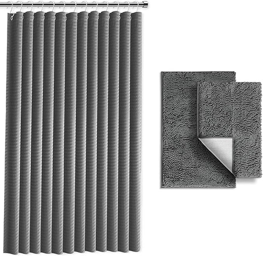 Clara Clark Grey Shower Curtain Set with Rugs - Bathroom Sets with Shower Curtain and Rugs, Fabric Shower Curtains and 2 Bath Mats, Modern Bathroom Shower and Curtain Sets for Tub Or Stall