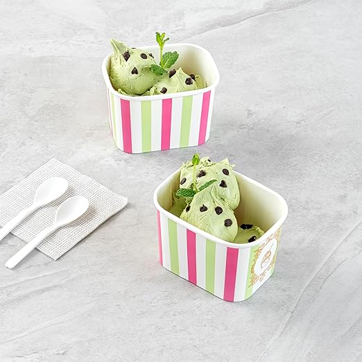 Restaurantware Paper Cups 50 Count 12 Ounce Square Disposable Ice Cream Containers, Leak-Resistant Paper Dessert To Go Cups, Hot And Cold Food, Durable Green And Pink Stripe Design