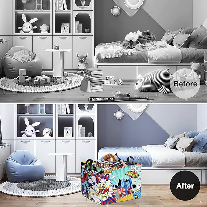 Clastyle 36L Rectangle Blue Comics Hero Kid Storage Basket Collapsible City Building Clothes Toy Nursery Bin Book Shelf Basket