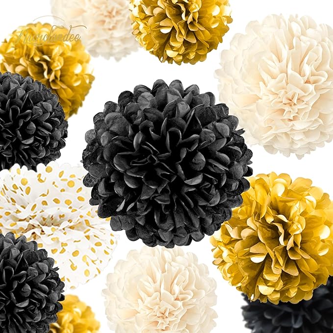 NICROLANDEE Black Gold Party Decorations, 15 PCS Tissue Paper Pom Poms Kit for 2026 Graduation Party Decor, Wedding, Birthday, Engagement, Paper Garland Flower Ball Ceiling Wall Decor