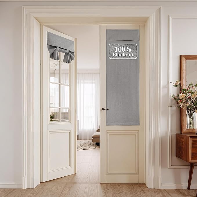 NICETOWN 100% Blackout Linen Door Curtains for Window, Privacy French Door Curtain 64 Inches Long for Kitchen Living Room, Room Darkening Window Covering, 1 Panel, 26W x 64" L, Grey