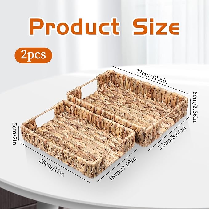 2 PCS Rattan Tray Rectangle Handwoven Weaving Basket Trays for Decor, Wicker Trays with Handles, Water Hyacinth Wicker Serving Tray for Storage Organizing Bathroom Home