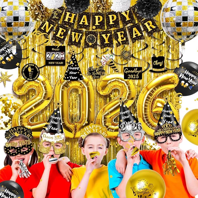 MOVINPE New Years Eve Party Decorations 2026 Black Gold, Happy New Year Party Supplies, Banner Pompoms Number Balloon Fringe Curtain Photo Booth Props Hanging Swirl Squawkers Blowouts