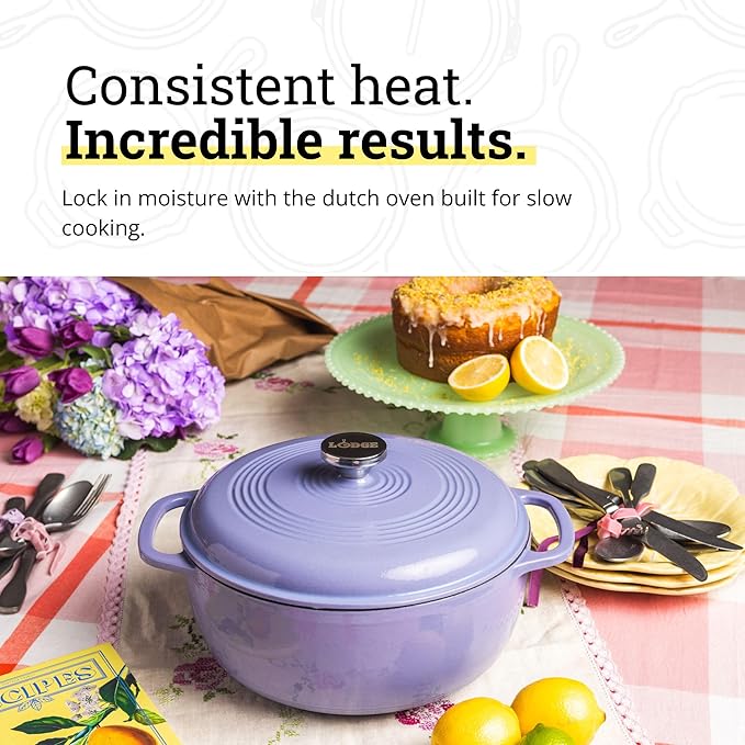 Lodge Essential Enamel Cast Iron Dutch Oven - Perfect for Bread Baking, Braising, Marinating & Slow Cooking - Features Moisture-Sealing Lid & Dual Handles - Kitchen Essentials - 6 Quarts - Lilac