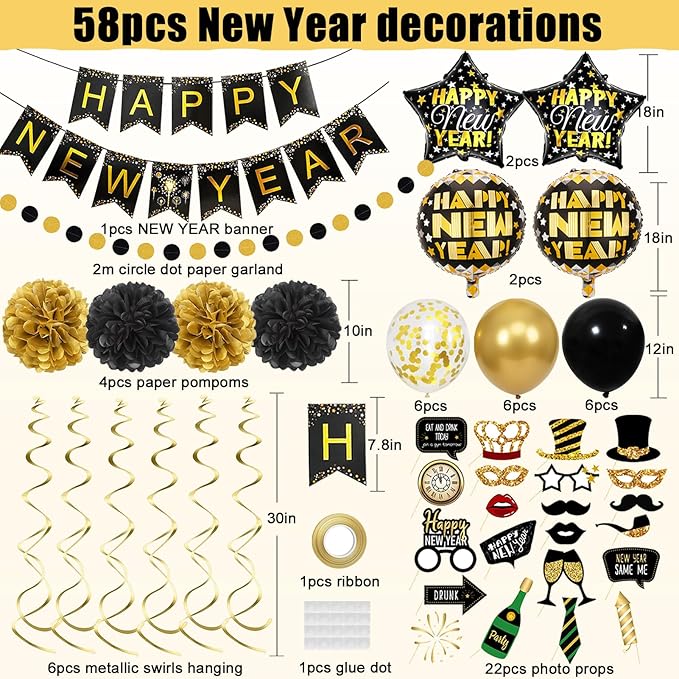 2026 New Years Decorations, Happy New Years Banner and Black Gold Balloons Set, Photo Props and Hanging Swirls, Paper Pompoms, Black and Gold Circle Dot Garland, Eve Party Supplies 2026