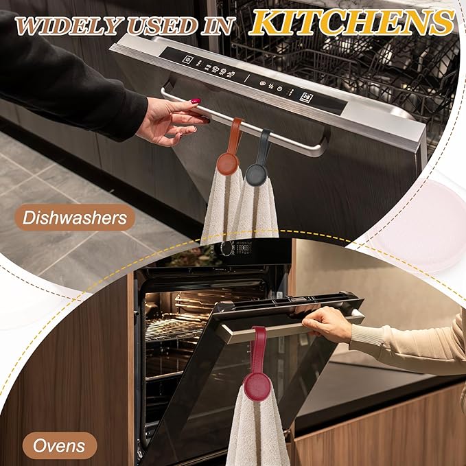 uxcell 2 Pcs Kitchen Magnetic Towel Clips, Leather Towel Holder Clip Multi-Purpose Hand Hooks Kitchen Accessories for Oven Handles Bars Racks, Red