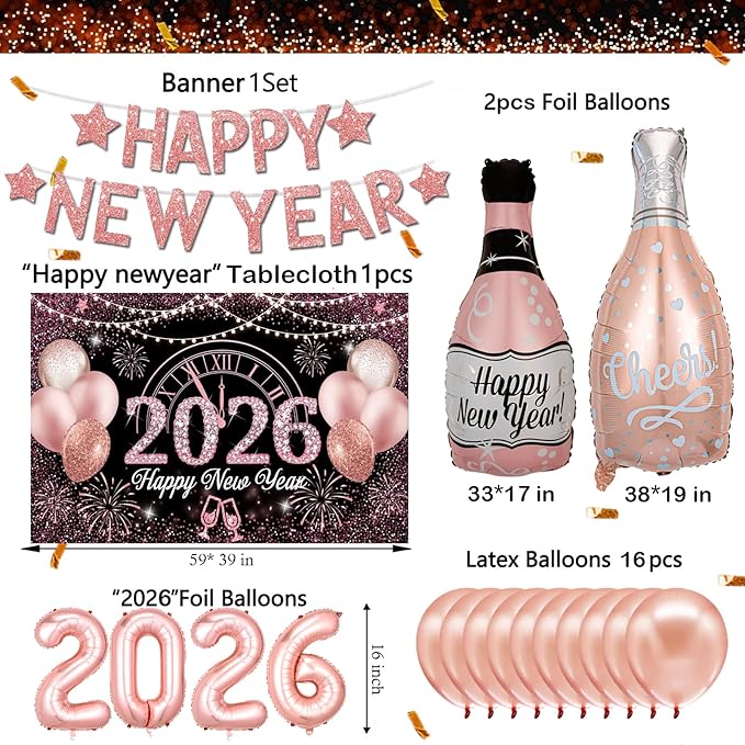New Years Eve Party Supplies 2026 Rose Gold Happy New Year Decorations Happy New Year Banner 2026 Foil Balloons Backdrop for Rose Gold New Year's Eve Party Supplies