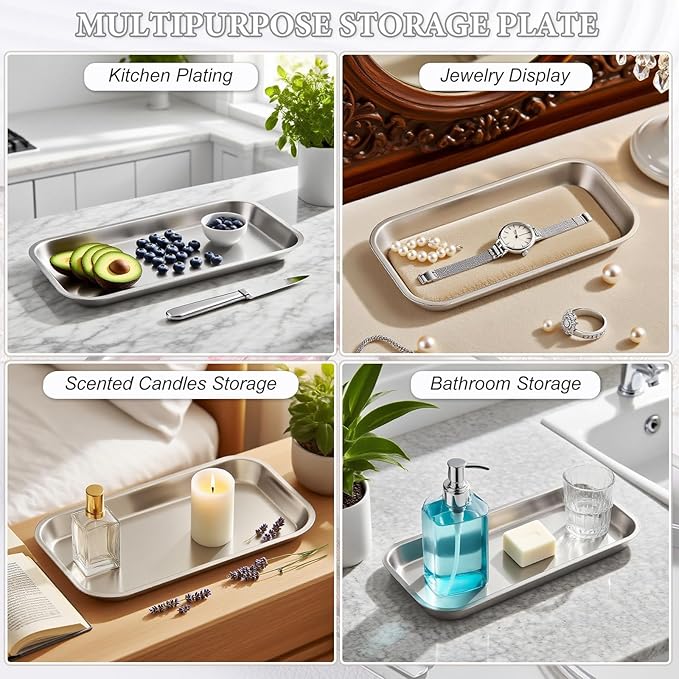 SUTOKAKA Decorative Serving Tray, Manicure Tools Storage Dish, Perfume Jewelry Dinner Placing Plate for Bedroom Kitchen Salon Supplies (Silver - 2PC, 8.86 * 4.61 * 0.79 INCH)