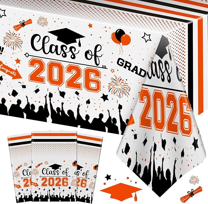Graduation Decorations Class of 2026 Tablecloth - 3 Pcs Plastic Congrats Grad Table Cloth, Graduation Table Cover for Graduations Party Decorations 2026 and Party Supplies, 54"x108" (Orange and Black)