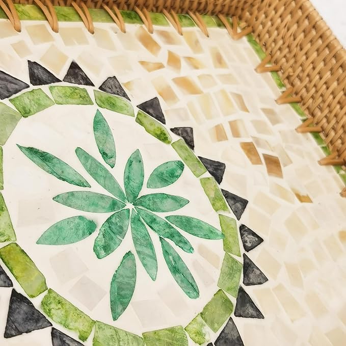 i-lan 15" Rattan Tray Set of 3, Rectangular Mother of Pearl Decorative Tray, Green Geometric Woven Nesting Trays for Serving, Boho Home Decor for Vanity, Entryway, Living Room & Kitchen