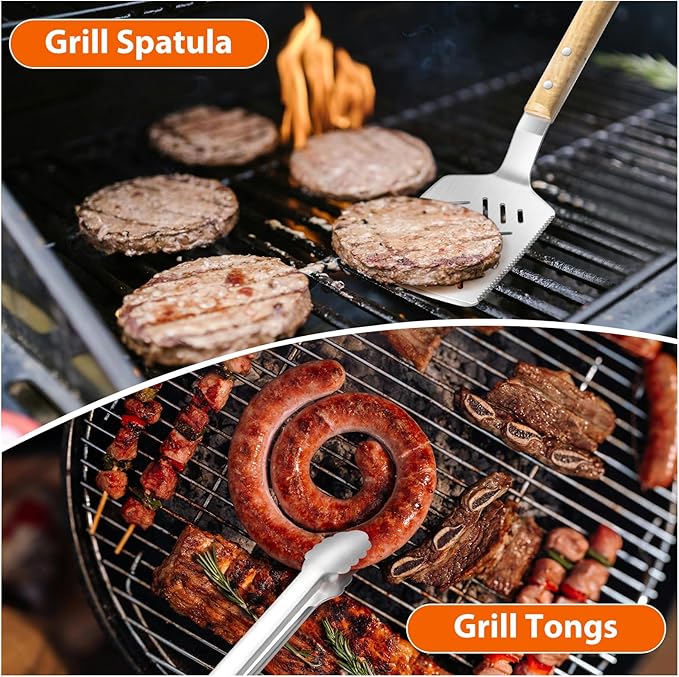 5 pcs Heavy-Duty Wooden BBQ Grilling Tools Set, Extra Thick Stainless Steel Multi-Functional Spatula, Fork, Tong, Oiling Brush & Cleaning Brush - an Excellent Barbecue Gift for Men