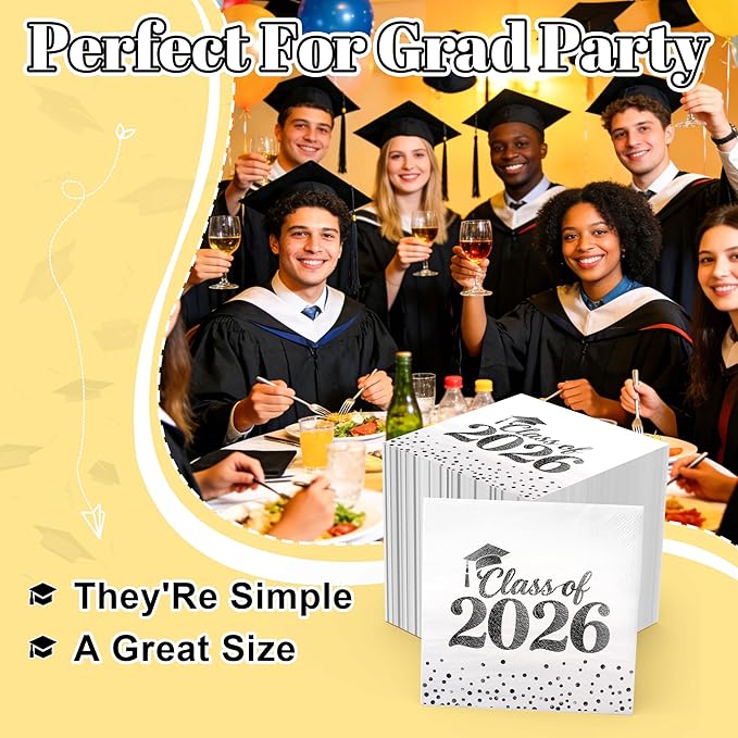 Graduation Napkins - Class of 2026 Napkins Disposable Paper Napkins Congrats Grad Cocktail Napkins Graduation Decorations 2026 Black Napkins Hand Towels for College Graduation Party Decorations 50 Pcs