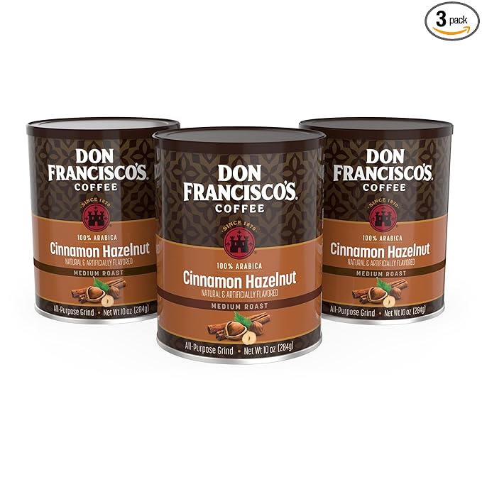 Don Francisco's Cinnamon Hazelnut Ground Flavored Coffee: Rich, Aromatic 100% Arabica Blend - Medium Roast for a Delightful Morning Brew (3 x 10 oz Cans)
