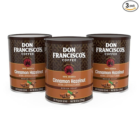 Don Francisco's Cinnamon Hazelnut Ground Flavored Coffee: Rich, Aromatic 100% Arabica Blend - Medium Roast for a Delightful Morning Brew (3 x 10 oz Cans)