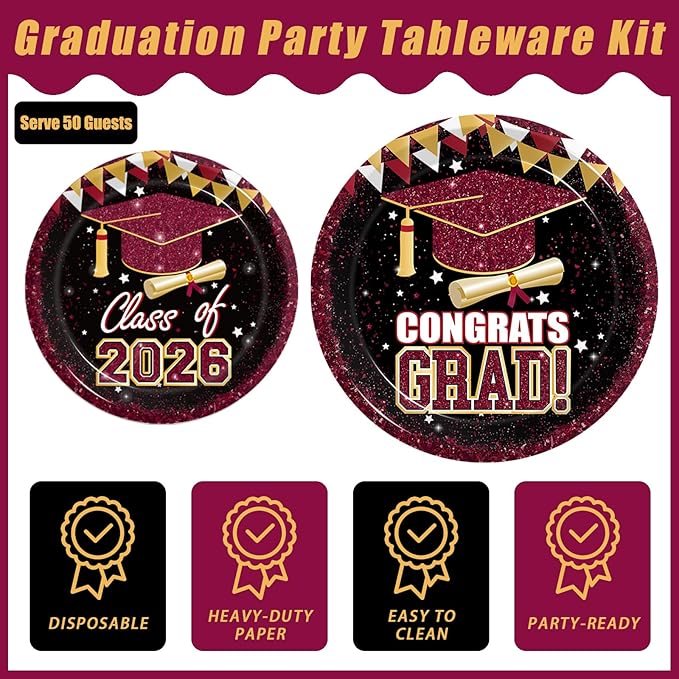 Kepeel 200Pcs 2026 Graduation Party Tableware Set, Maroon Gold Class of 2026 Party Decorations Supplies for Boys Girls Congratulate Graduation Disposable Paper Plates Napkins Forks Favors, Serve 50