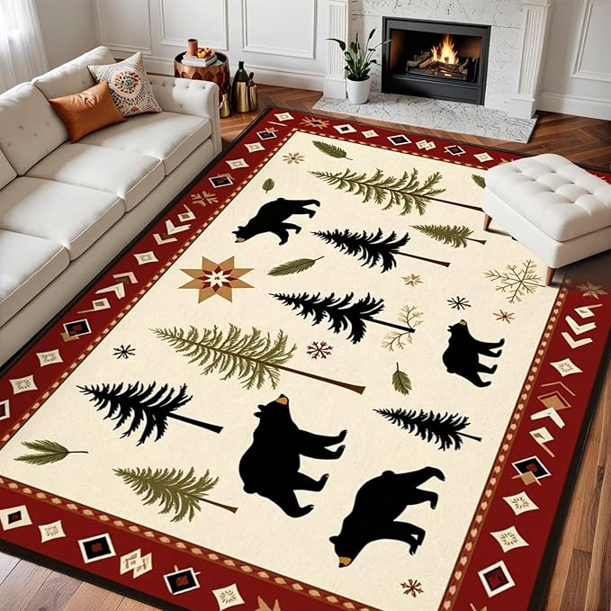 8x10 Area Rugs for Bedroom Boho Washable Man Cave Rug for Living Room Rustic Bear Pine Tree Forest Winter Elements Soft Rubber Backed Non-Slip Large Carpets for Boys