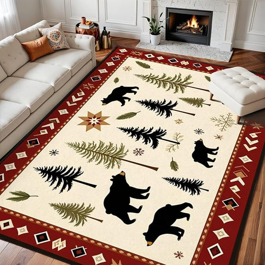 8x10 Area Rugs for Bedroom Boho Washable Man Cave Rug for Living Room Rustic Bear Pine Tree Forest Winter Elements Soft Rubber Backed Non-Slip Large Carpets for Boys
