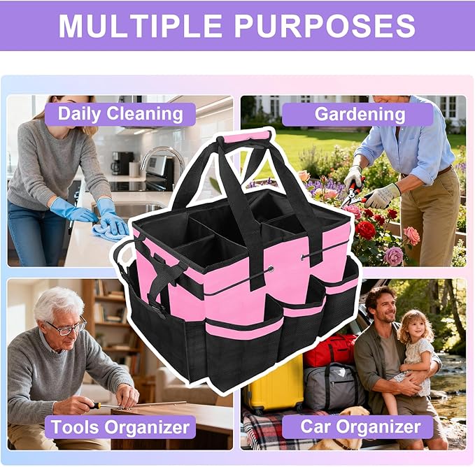 ALSLEA Cleaning Caddy Bag Heavy-Duty Organizer Tote for Housekeepers, Janitors & Home Cleaning Supplies with Adjustable Shoulder Strap & Multiple Pockets (Pink)