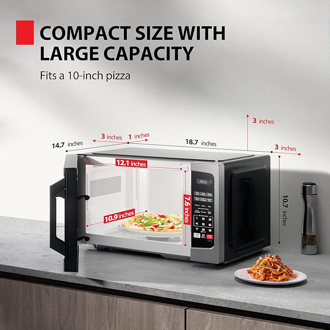 TOSHIBA ML-EM09PA(SS) Small Microwave Oven with 6 Auto Menus, Mute Function, LED Lighting, Countertop Microwave Perfect for Apartments, 0.9 Cu Ft, 10.6 Inch Removable Turntable, 900W, Stainless Steel