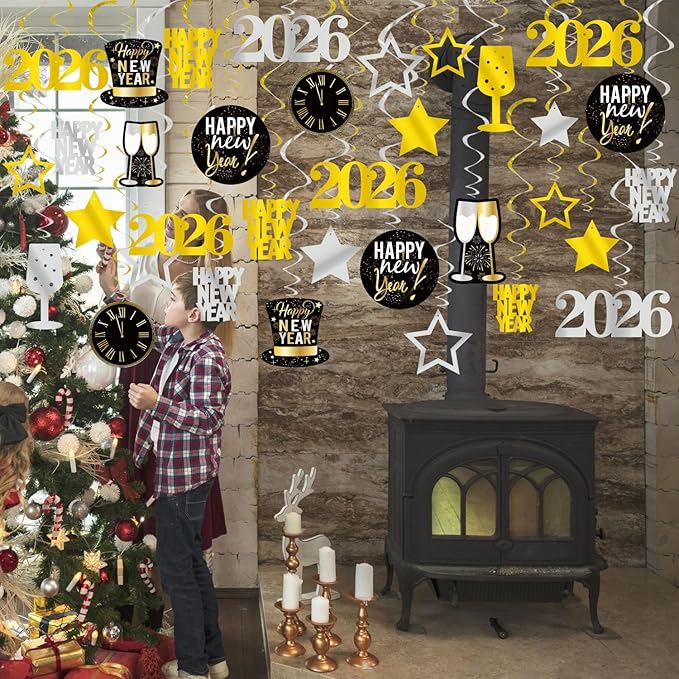 GOER 2026 New Year Festival Party Supplies 31 Pcs Hanging Swirl and Celebration Card,Gold and Black Party Supplies for 2026 New Year Eve Decorations