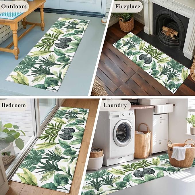 Runner Rug for Bedroom Hallway, Summer Green Tropical Palm Leaves Kitchen Runner Rugs Area Rug 2x6ft, Watercolor Plant Washable Soft Floor Carpet for Entryway Stair