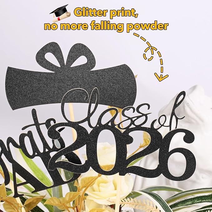 Graduation Decorations 2026, 20 PCS Sparkling Black Double-Sided Centerpiece Sticks for Tables, Class of 2026 Table Toppers and Party Supplies