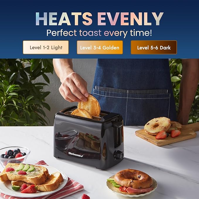 Elite Gourmet ECT1027B Cool Touch Toaster with 6 Temperature Settings & Extra Wide 1.25" Slots for Bagels,Waffles,Specialty Breads,Puff Pastry,Snacks,ETL Certified,2 Slices,Black,(Pack of 8)