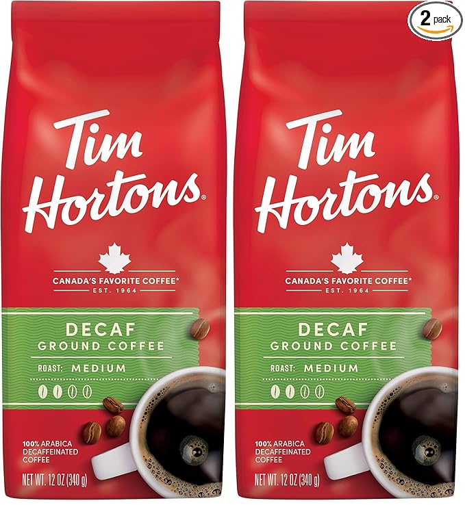 Tim Horton's 100% Arabica Medium Roast,Decaffeinated,Ground Coffee,12 Ounce,(Pack of 2)