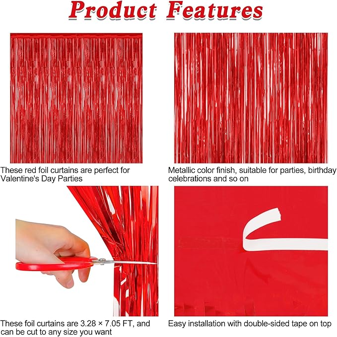 2 Pack Red Tinsel Backdrop, 3.28 FT x 7.05 FT Fringe Curtains, Red Foil Tinsel Party Streamer Backdrop Curtains for Valentines Day, Wedding Photo Backdrop Party Decorations for Wedding Anniversaries