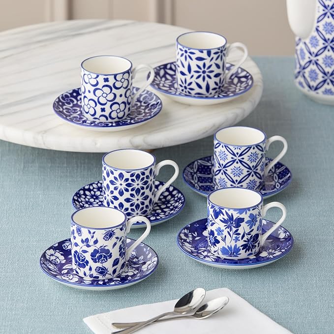 Madison 6-Piece Espresso Cup & Saucer Set, 3.25 oz Porcelain Cups with 4.75-Inch Saucers, Intricate Blue & White Patterns, Durable & Dishwasher Safe, Perfect for Espresso & Giftable Elegance