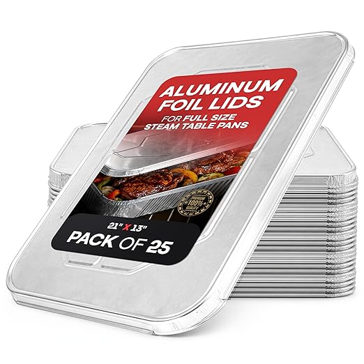 IDL Packaging Aluminum Foil Lids for Full Size Aluminum Steam Table Pans - 21" x 13" (pack of 25) - Disposable Cover for Aluminum Grill Pans - Oven & Freezer Safe - Durable Top for Aluminum Foil Pan