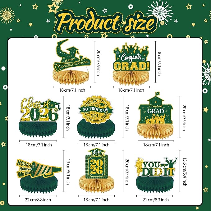 2026 Graduation Party Decorations - 8 Pcs Green Gold Class of 2026 Graduation Table Centerpieces for Tables Congratulate for 2026 Congrats Grad Party Supplies