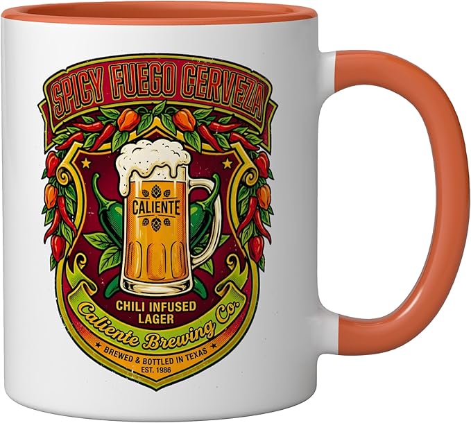 Spicy Fuego Cerveza Chili Texas Drinking Vintage Beer Label Ceramic Mug, Orange/White