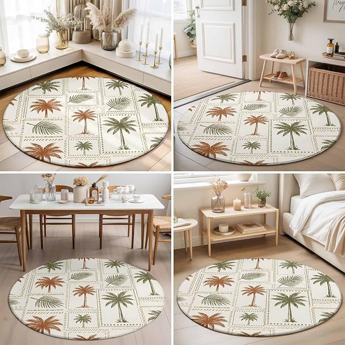 Washable Round Area Rug Vintage Coconut Tree Palm Leaves Circle Rugs Floor Carpet for Living Room Bedroom, Farm Tropical Plant on Beige Soft Non Slip Round Rug 3ft