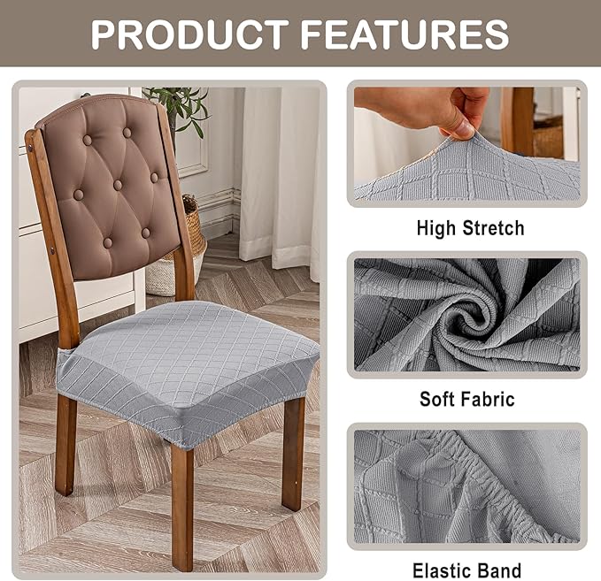 Genina Waterproof Seat Covers for Chairs,Set of 2 Dining Room Chair Seat Covers for Kitchen,Stretch Jacquard Removable Washable Dining Chair Slipcovers Protectors,No Rear Covers, Light Grey