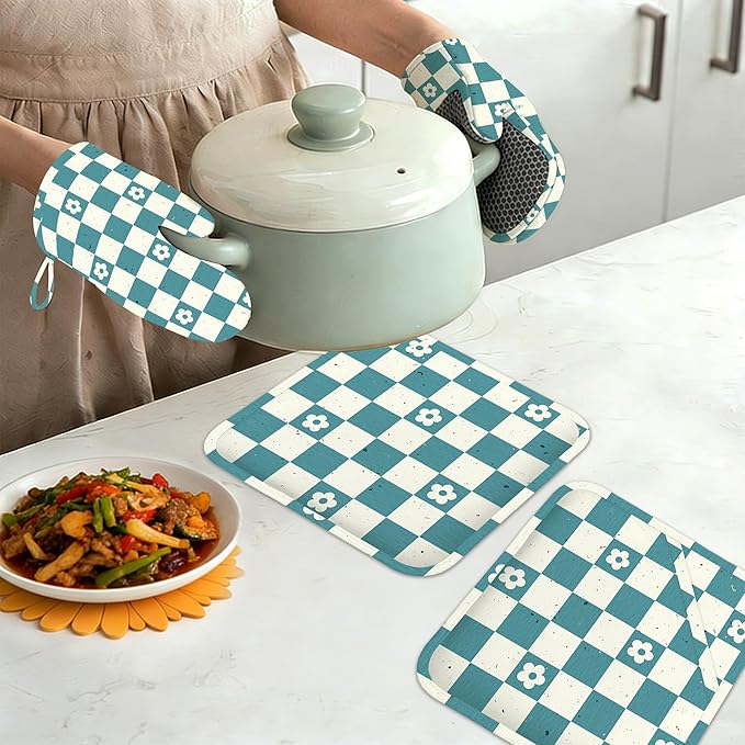 Vintage Groovy Checkered Oven Mitts and Pot Holders Sets of 4, Heat Resistant Flower Silicone Oven Mitts Gloves Non-Slip Kitchen Mittens Potholders for Cooking Baking Grilling BBQ