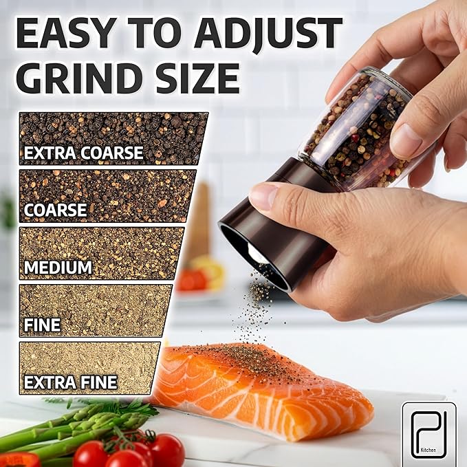 Premium Salt and Pepper Grinder Set with Bamboo Holder - 5 oz, Black Bronze Stainless Steel - S&P Spice Shakers - Refillable & Adjustable Coarseness Hand Mill for Spices & Seasonings - by PJC-Kitchen