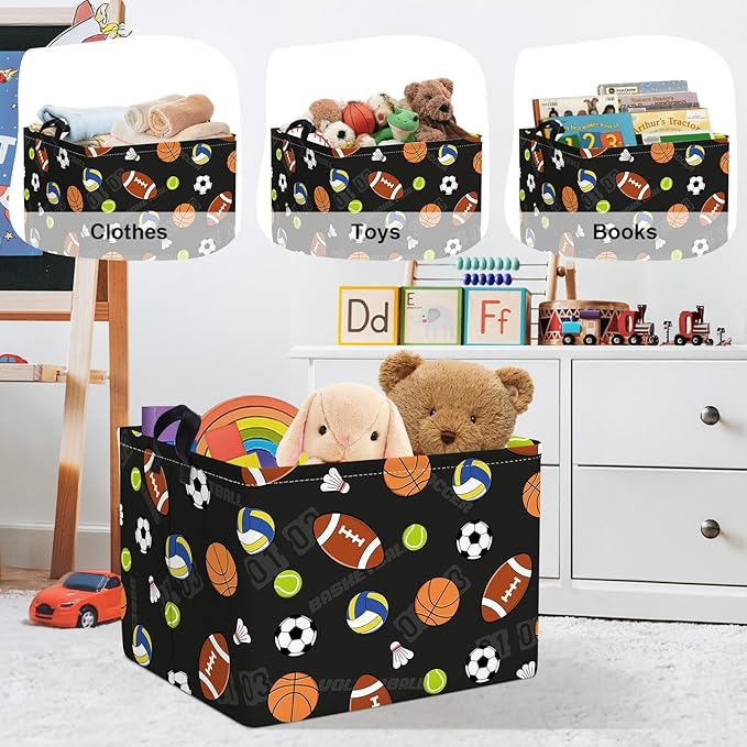 Sports Balls Baby Laundry Hamper Collapsible Clothes Kids Storage Basket Large Boys Gift Toy Box Bin for Play Room, Black, 36L