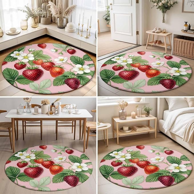 Washable Round Area Rug Summer Strawberry Bush on Pink Circle Rugs Floor Carpet for Living Room Bedroom, Forest Green Foliage Soft Non Slip Round Rug 3ft