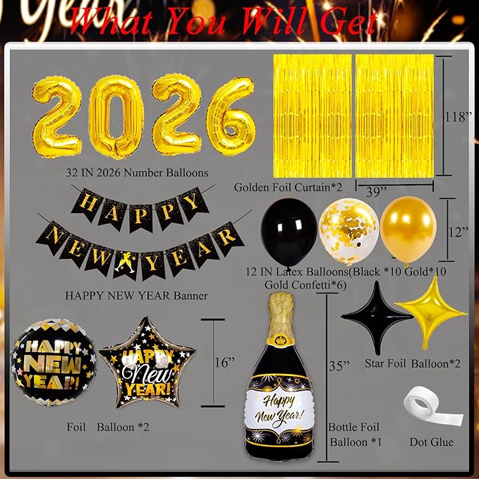 Happy New Year Decorations 2026, New Years Eve Party Supplies 2026, New Years Decoration Set with 2026 Number Balloons, Happy New Year Banner, Champagne Curtains Backdrop for NYE Party Decorations