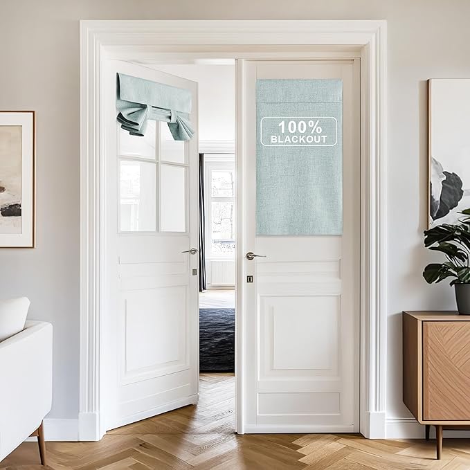 NICETOWN 100% Blackout Door Curtain with Sticky Tie Up Farmhouse Linen Curtains for Bedroom Living Room Thermal Insulated Door Glass Door Shades Curtains, 26" x 64", 1 Panel, Seafoam Green