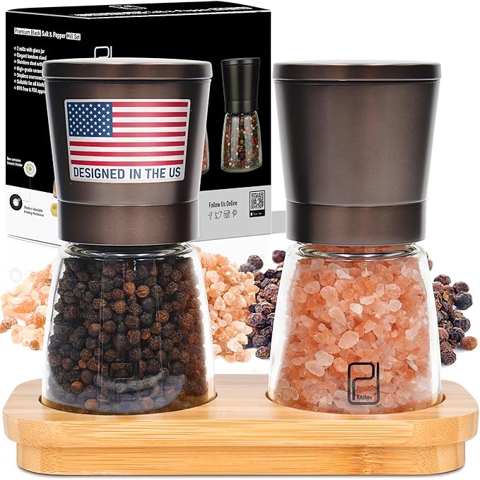 Premium Salt and Pepper Grinder Set with Bamboo Holder - 5 oz, Black Bronze Stainless Steel - S&P Spice Shakers - Refillable & Adjustable Coarseness Hand Mill for Spices & Seasonings - by PJC-Kitchen
