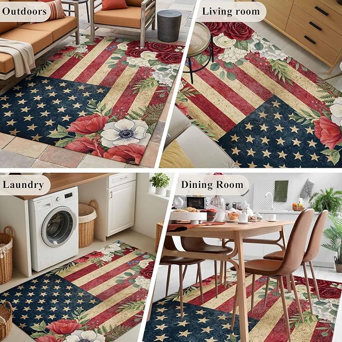 Area Rug 3x5ft, Independence Day 250th Anniversary Washable Rugs for Living Room Bedroom, Vintage USA Flag Floral Soft Non-Slip Area Rugs Rectangle Floor Carpet for Dining Room