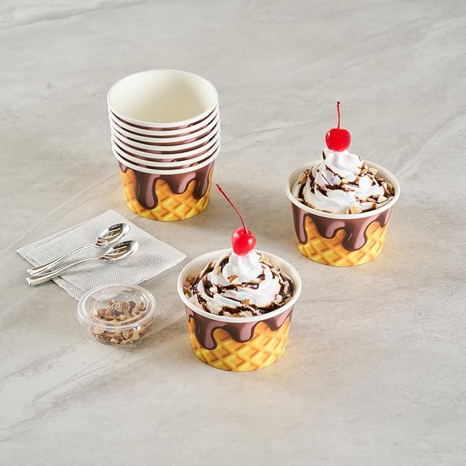 Restaurantware Ice Cream Cups 50 Pack of 8 oz Leak-Resistant Disposable Dessert Bowl Frozen Yogurt Cup Round Paper Container For Cold And Hot Desserts