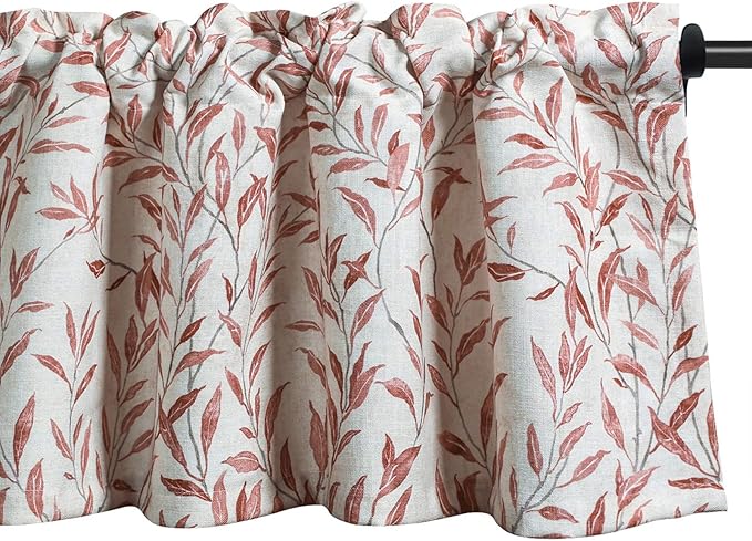 VOGOL Valances for Kitchen, Red Leaf Print Linen Textured Valance for Curtain Panels for Windows, Rod Pocket, 52x12, One Panel